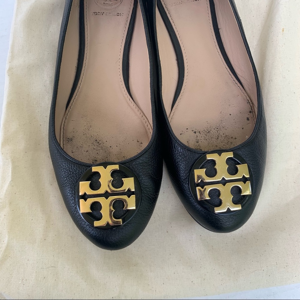 Tory Burch Claire Black & Gold Ballerina Flats 7 - Picture 4 of 13